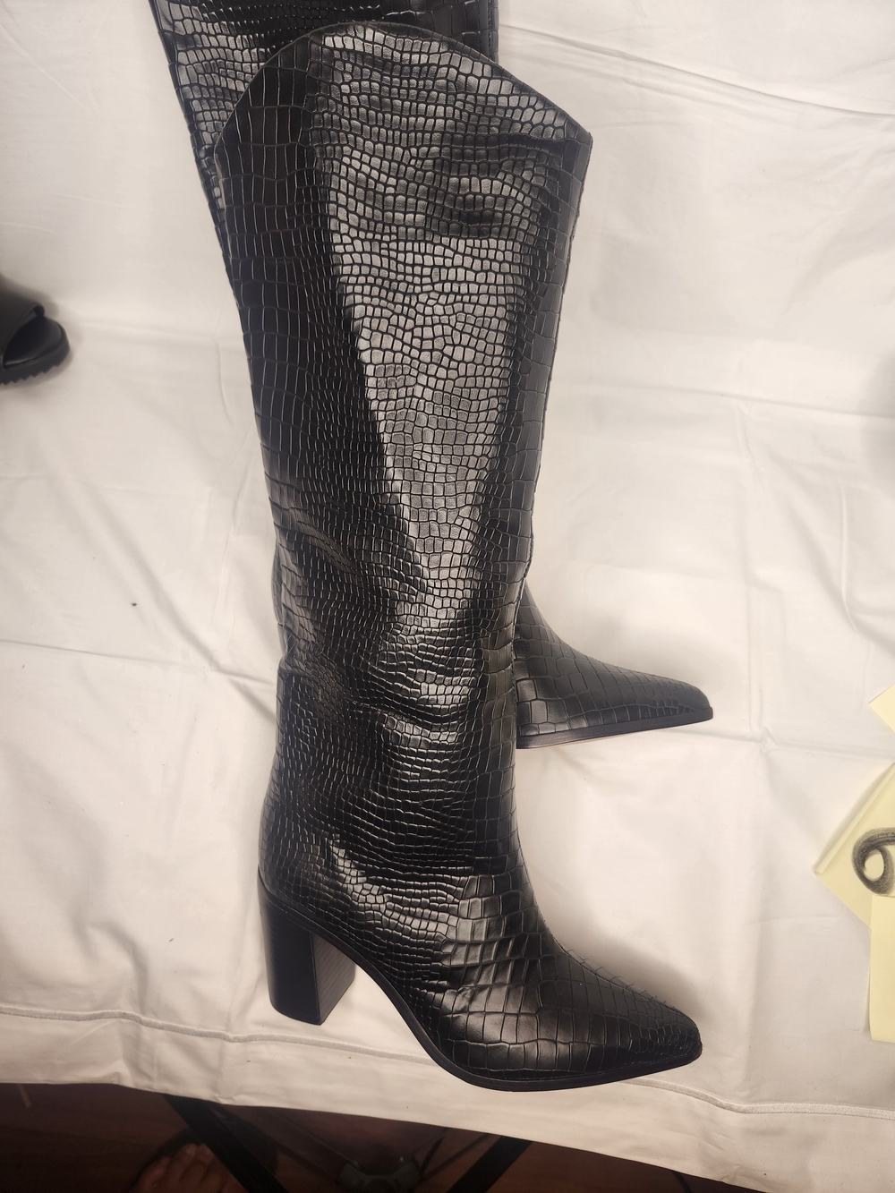 Black Croc-Embossed Over-the-Knee Boots with Block Heel